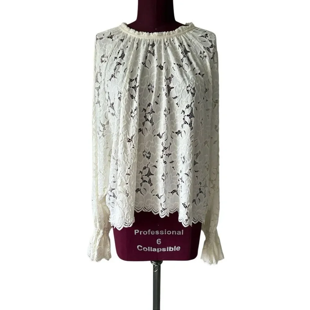 Free People‎ Olivia Lace Top size L Floral Long Bell Sleeve ivory white